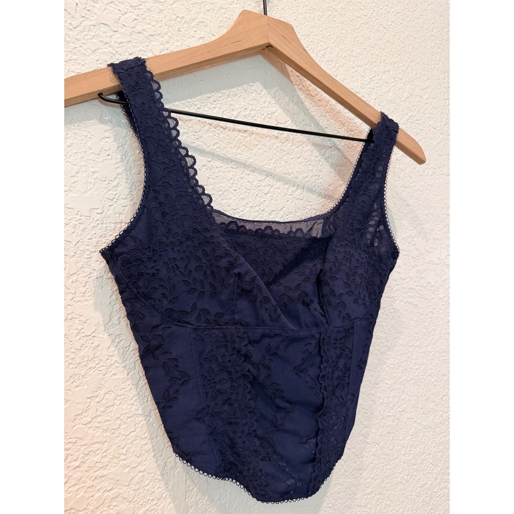 PINK Victoria's Secret Navy Blue Floral Lace Corset Top Small‎ Sheer Mesh Back - Picture 2 of 8